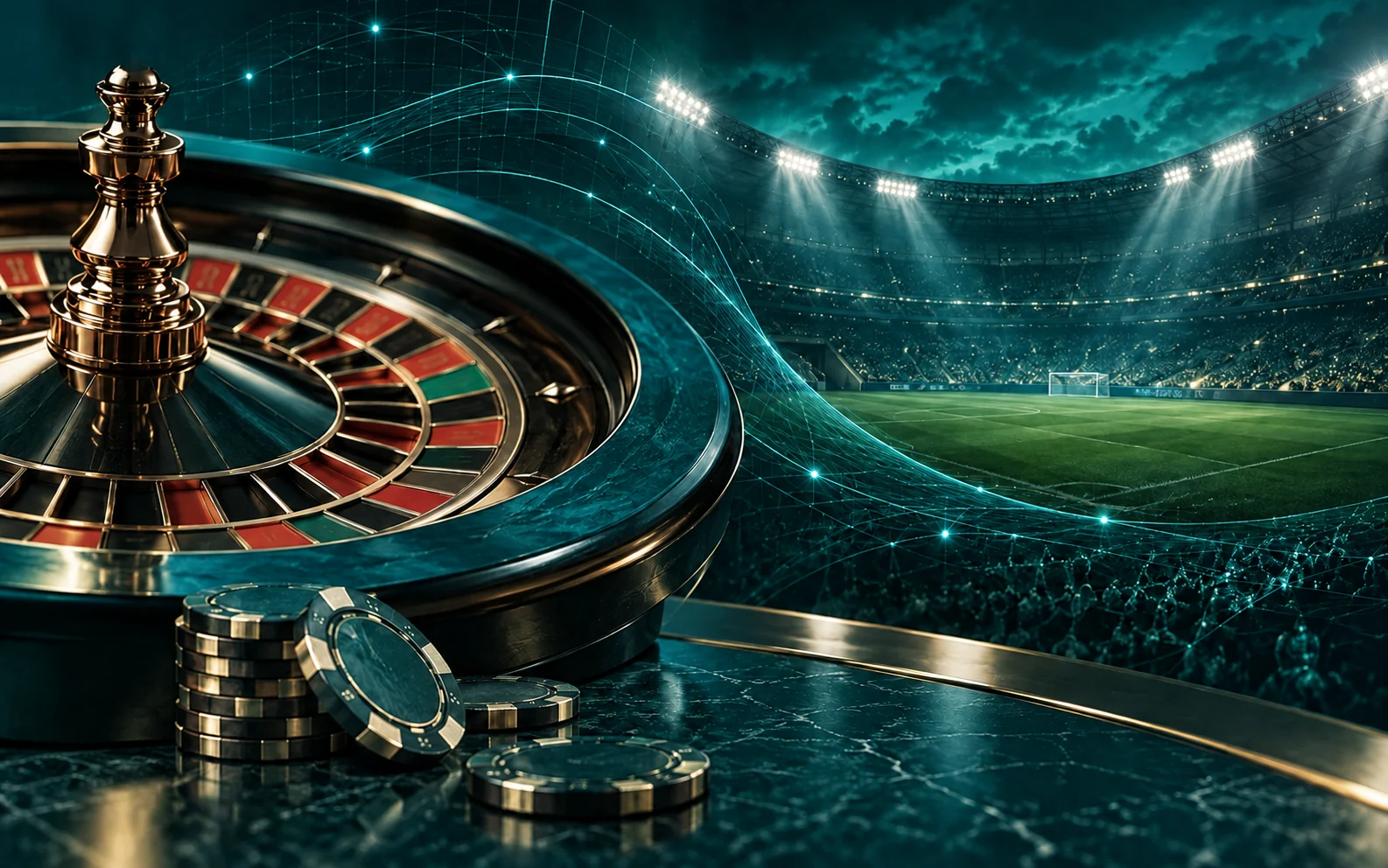 Roulette and football stadium representing ROTTO casino and sportsbook solutions